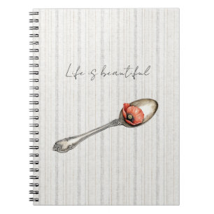 Red Poppy Flower on Spoon Grey Cream White Stripes Notebook