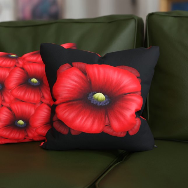 Red Poppy Flower Pattern Black Throw Pillow (Pop a poppy pillow on your sofa! This red and black modern floral pillow is double sided.)