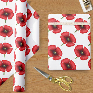 Red Poppy Flower Pattern on White Wrapping Paper