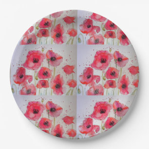 Red Poppy Flower Pattern Paper Party Plate