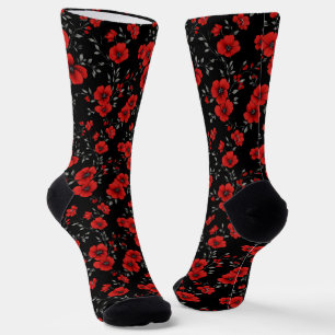 Red Poppy Flower Pattern Socks