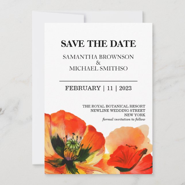 Red Poppy Flower Photo Backdrop Save The Date (Front)