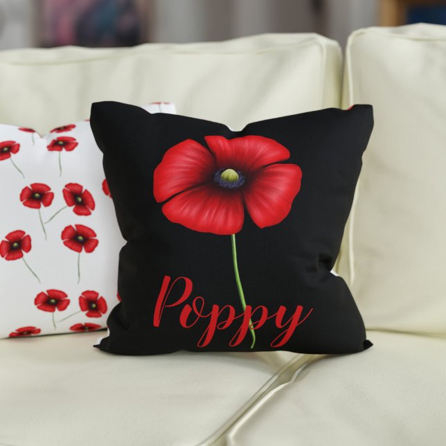 Red Poppy Flower Poppies Pattern Throw Pillow (A pretty poppy pillow with space for your name)
