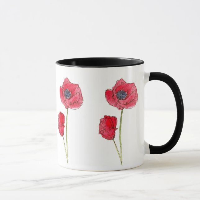 Red Poppy Flower Watercolor Botanical Art Mug (Right)