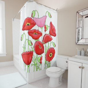Red Poppy Flowers and Buds Decorative White