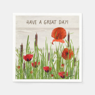 red poppy flowers and cattails napkin