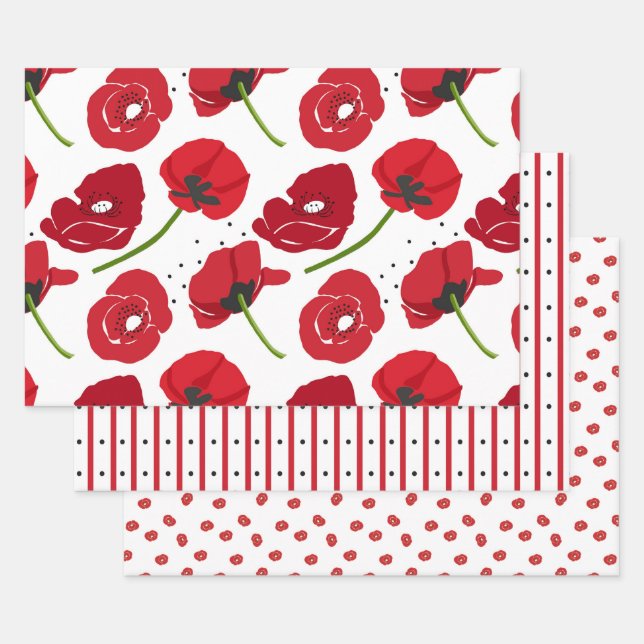 Red Poppy Flowers and Coordinating Wrapping Paper Sheet (Set)