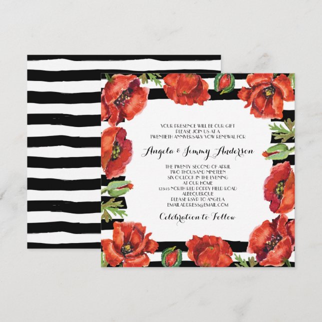 Red Poppy Flowers Black Striped Vow Renewal Invitation (Front/Back)