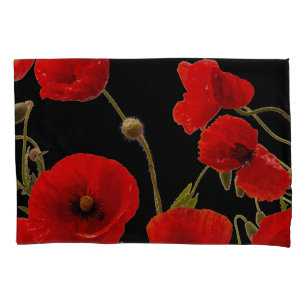 Red Poppy Flowers Colorful Floral Abstract Black  Pillowcase