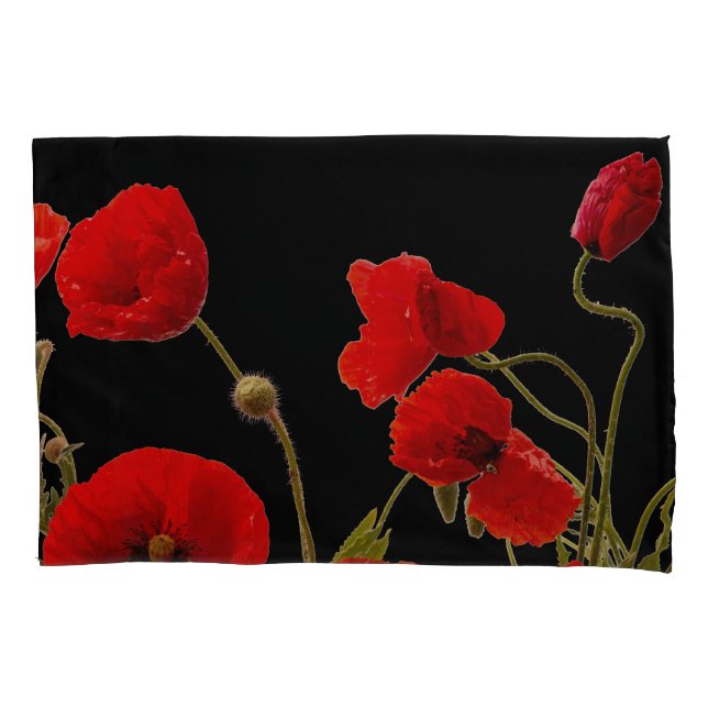 Red Poppy Flowers Colourful Floral Abstract Black Pillowcase (Front)