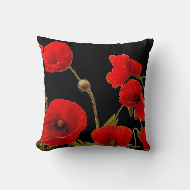 Red Poppy Flowers Colourful Floral Abstract Black Throw Pillow (Front)
