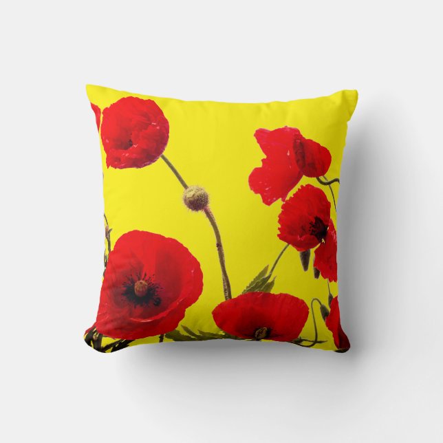 Red Poppy Flowers Colourful Floral Abstract Yellow Throw Pillow (Front)