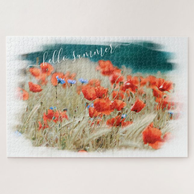 Red Poppy Flowers Corn Field w/ Hello Summer Text Jigsaw Puzzle (Horizontal)