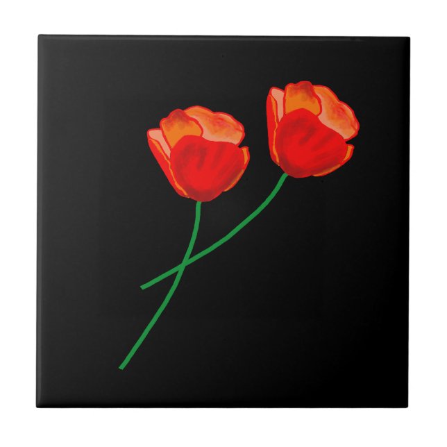 Red Poppy Flowers Extravagant Black Tile (Front)