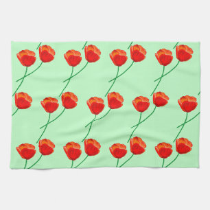Red Poppy Flowers Heart Pale Green Kitchen Towel