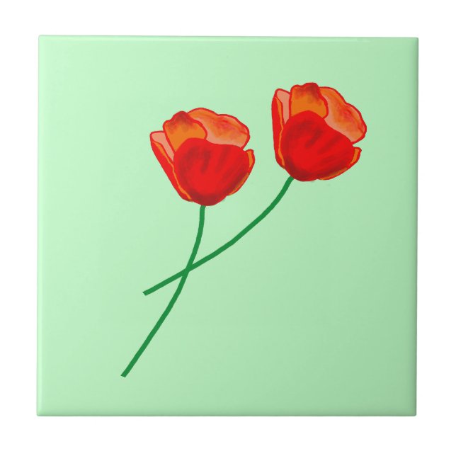 Red Poppy Flowers Heart Pale Green Tile (Front)