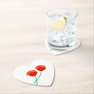 Red Poppy Flowers Heart Paper Coaster