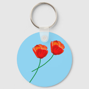 Red Poppy Flowers Heart Sky Blue Keychain