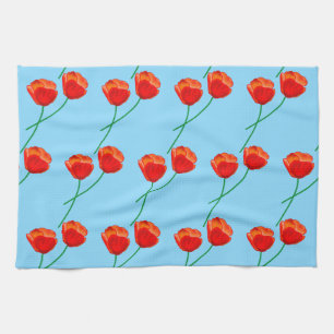 Red Poppy Flowers Heart Sky Blue Kitchen Towel