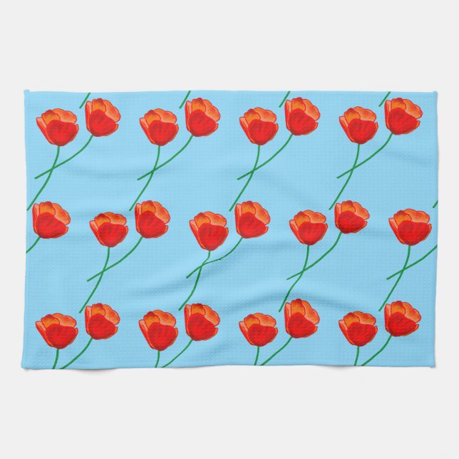 Red Poppy Flowers Heart Sky Blue Kitchen Towel (Horizontal)
