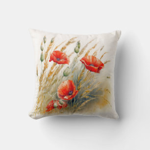 Red Poppy Flowers In The Wheat Field Throw Pillow
