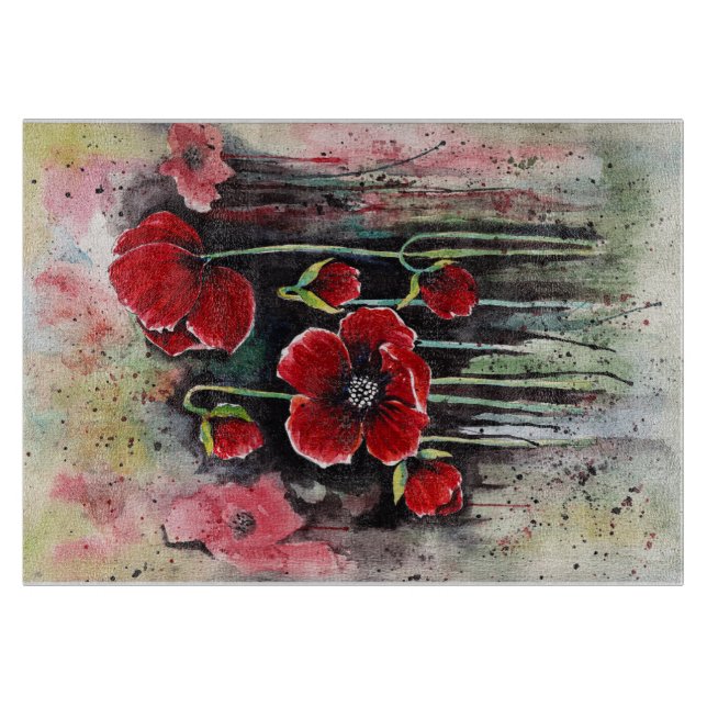 Red Poppy Flowers In Watercolor  Cutting Board (Front)