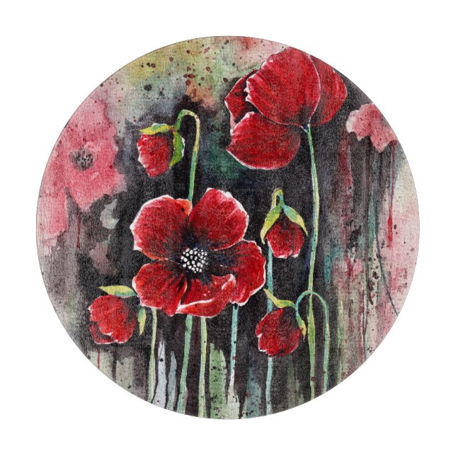 Red Poppy Flowers In Watercolor  Cutting Board (Front)