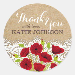 Red Poppy Flowers Lace Kraft Thank You Label