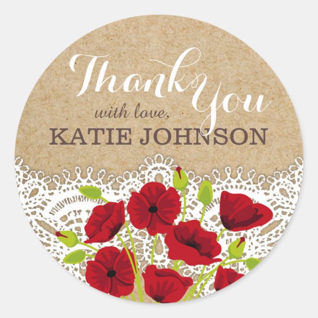 Red Poppy Flowers Lace Kraft Thank You Label (Front)