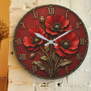 Red Poppy Flowers Large Clock
