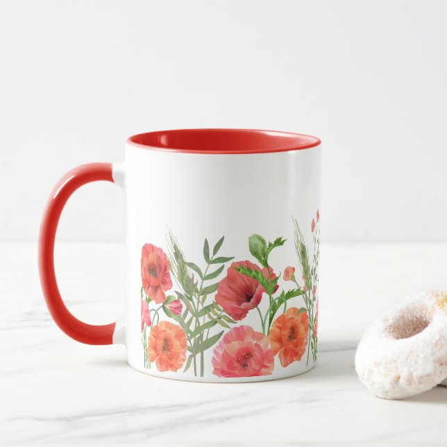  Red Poppy Flowers Mug (With Donut)