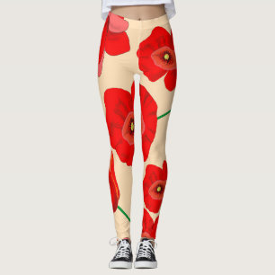 Red Poppy Flowers on Beige Background Illustration Leggings