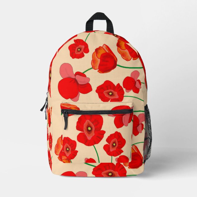 Red Poppy Flowers on Beige Background Illustration Printed Backpack (Front)
