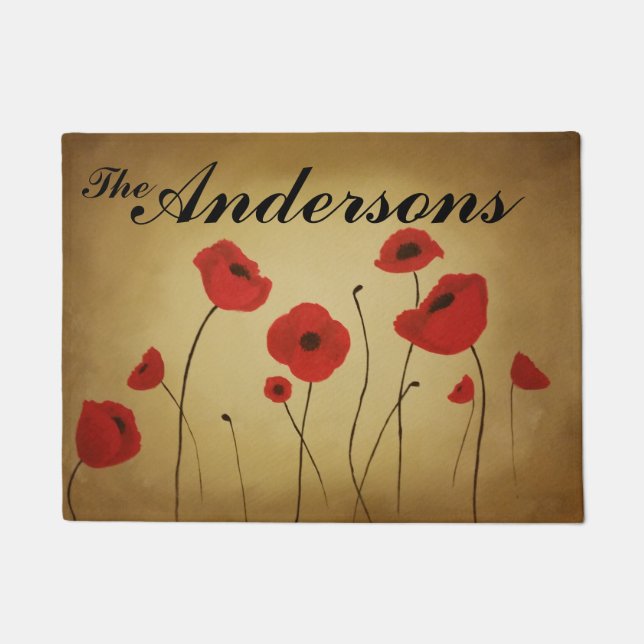 Red Poppy Flowers Painting Monogrammed Doormat (Front)