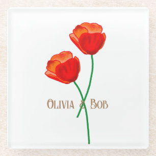 Red Poppy Flowers Personalized Glass Coaster