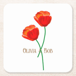 Red Poppy Flowers Personalized Square Paper Coaster