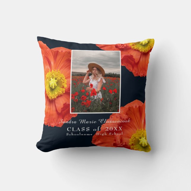 Red Poppy Flowers Photo Frame Modern Graduation  Throw Pillow (Front)
