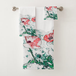 Red Poppy Flowers Poppies Sketch Bath Towel Set
