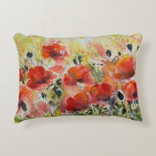 Red poppy flowers, soft watercolor. accent pillow