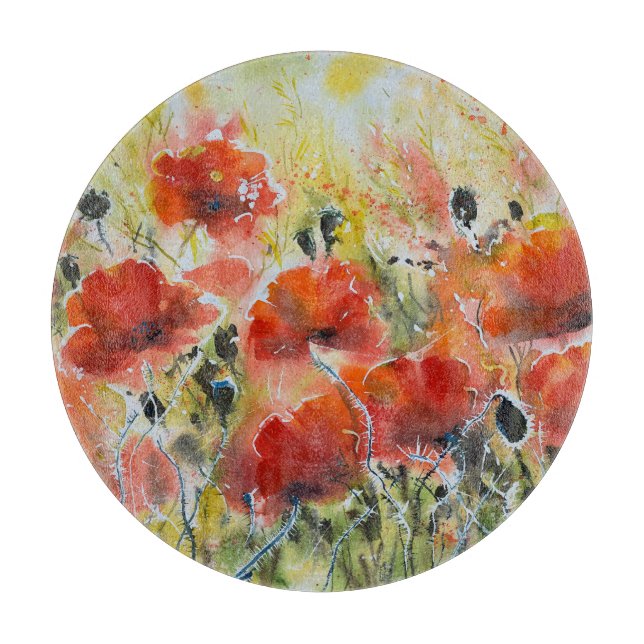 Red poppy flowers, soft watercolor. cutting board (Front)