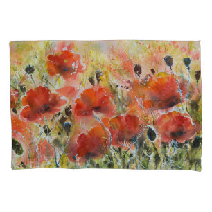 Red poppy flowers, soft watercolor. pillowcase