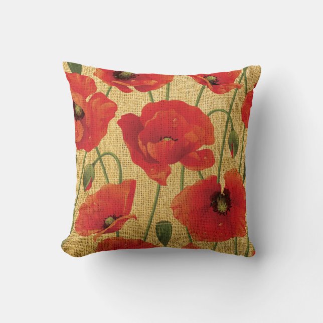 Red Poppy Flowers Throw Pillow (Front)
