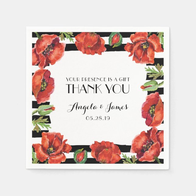 Red Poppy Flowers with Black Stripes Wedding Napkin (Front)