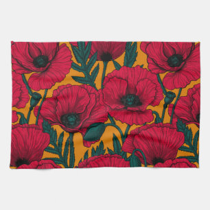 Red poppy garden kitchen towel