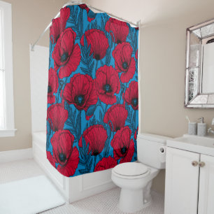 Red poppy garden on blue
