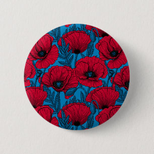 Red poppy garden on blue 2 inch round button