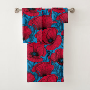 Red poppy garden on blue bath towel set