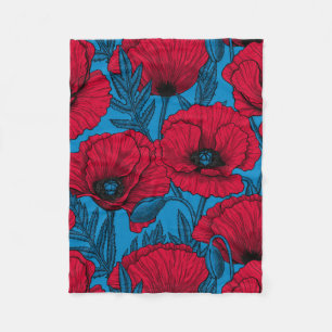 Red poppy garden on blue fleece blanket