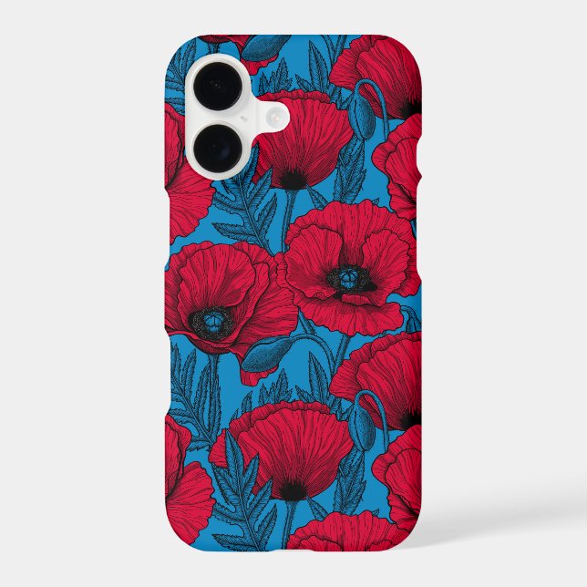 Red poppy garden on blue iPhone case (Back)