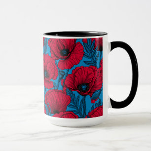 Red poppy garden on blue mug